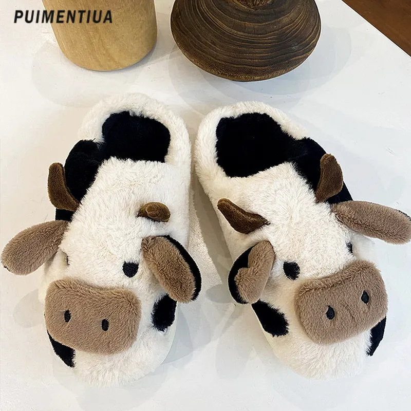 Slippers schattige dierenslipper voor vrouwen meisjes kawaii pluizige winter warme vrouw cartoon melkkoe huis grappige schoenen 221124