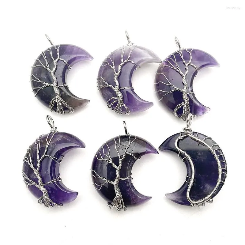 Anhänger Halsketten Natürliche Amethyst Silber Farbe Draht Wrap Handgemachte Baum des Lebens Mond Form Stein Anhänger Für Schmuck Großhandel 6 stücke