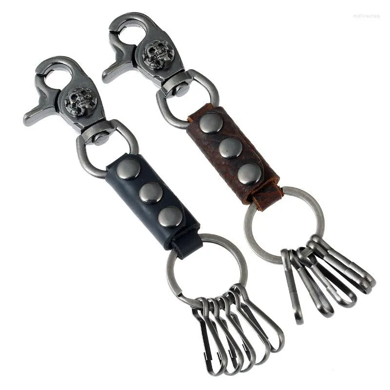 Keychains Steampunk Fashion Men Waist Hanging Keychain Metal Skull Holder Ring Genuine Leather Pendants Car Keys Chain Gothic Punk Jewelry