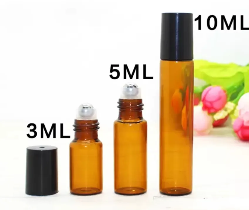 1ml 2ml 3ml 5ml 10mlアンバーガラスローラーボトルとエッセンシャルオイル用のステンレススチールボール1100pcs/lot