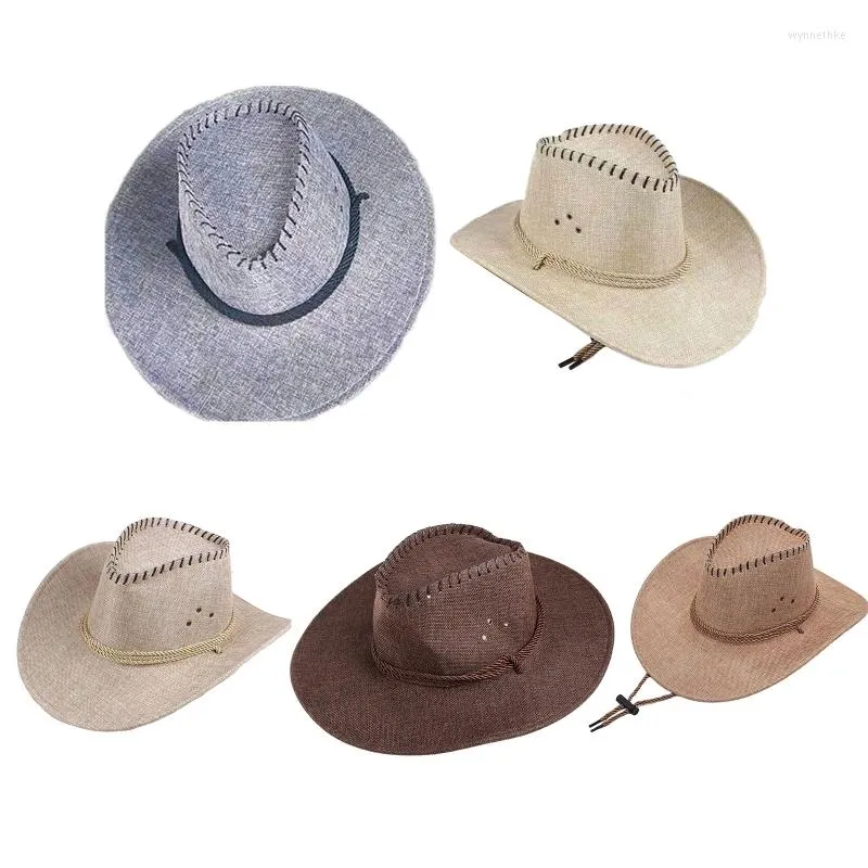 Beralar Vintage Beach Upturn Brem Cowgirl Hat Western Cowboy Geniş Binicilik Dış mekan aktiviteleri için rüzgar geçirmez ip ile T8nb