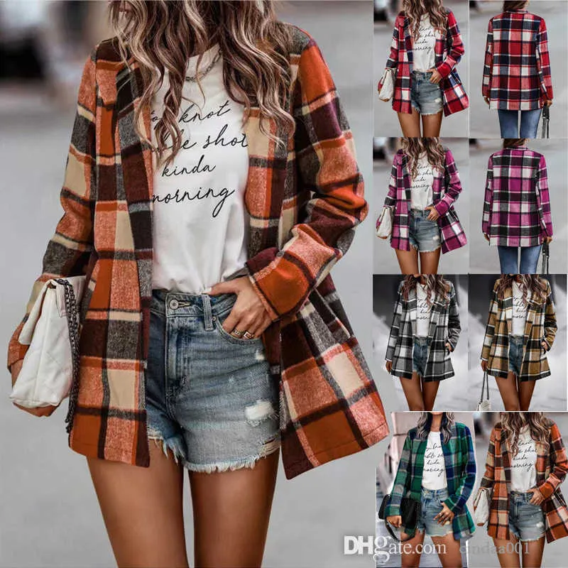 Fashion lapel collar red blue check printed woolen loose retail long coat