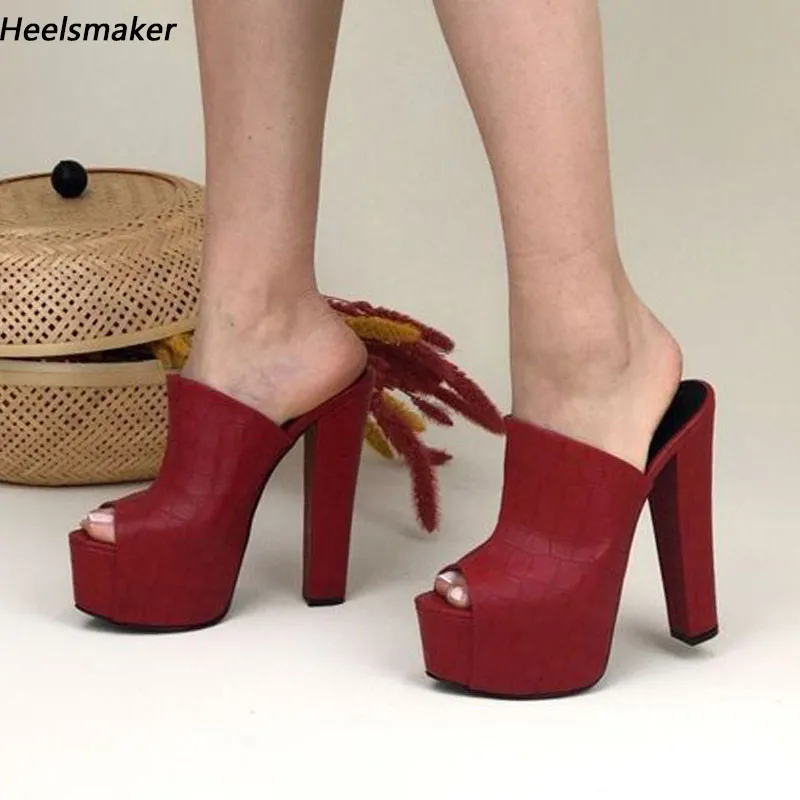 Heelsmaker Handmade Women Mules Sandals Stone Pattern Chunky Heels Peep Toe Pretty Wine Red Party Shoes Ladies US Size 5-15