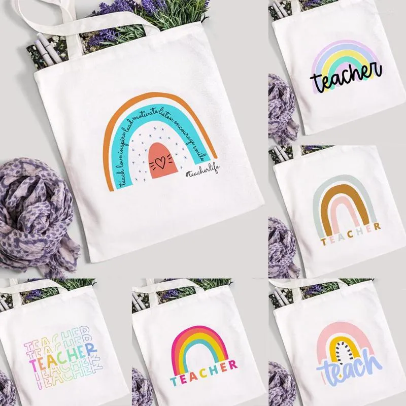 Sacolas de compras ensinam amor inspira arco -íris mulheres lonvas bolsas de sacola vida professora vida reutil shopper shopper ombro book moda presente