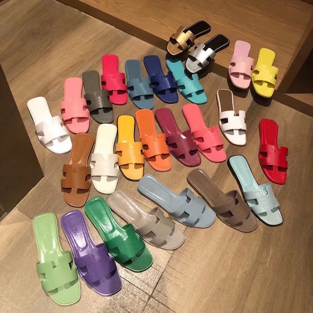 Kvinnor tofflor designer sandal strand glid för kvinna tofflor krokodil hud läder flip flops sexiga damer orange scuffs skor original låda dammväska pretto