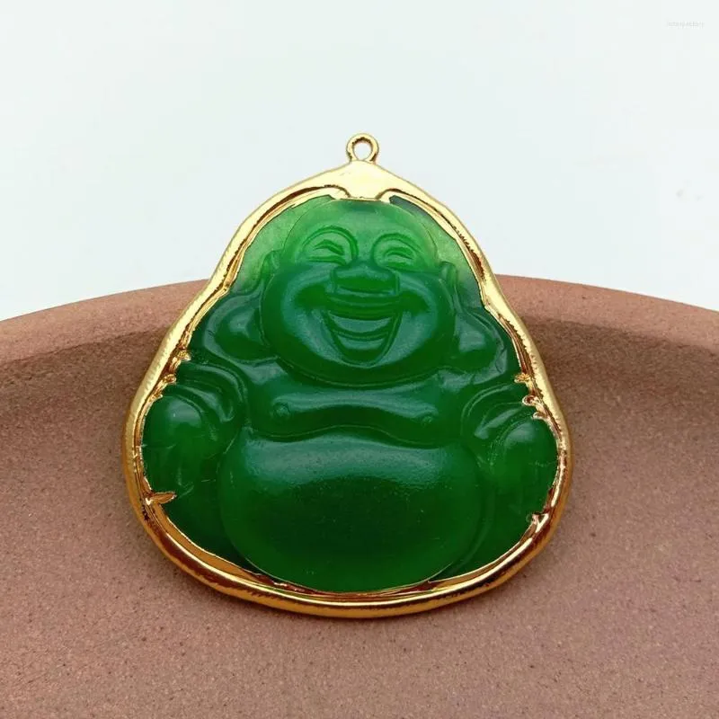 Collane con ciondolo 1 PC Religioso Agata Verde Intagliato Buddha Placcato Oro Collana Bracciale Orecchini Regali