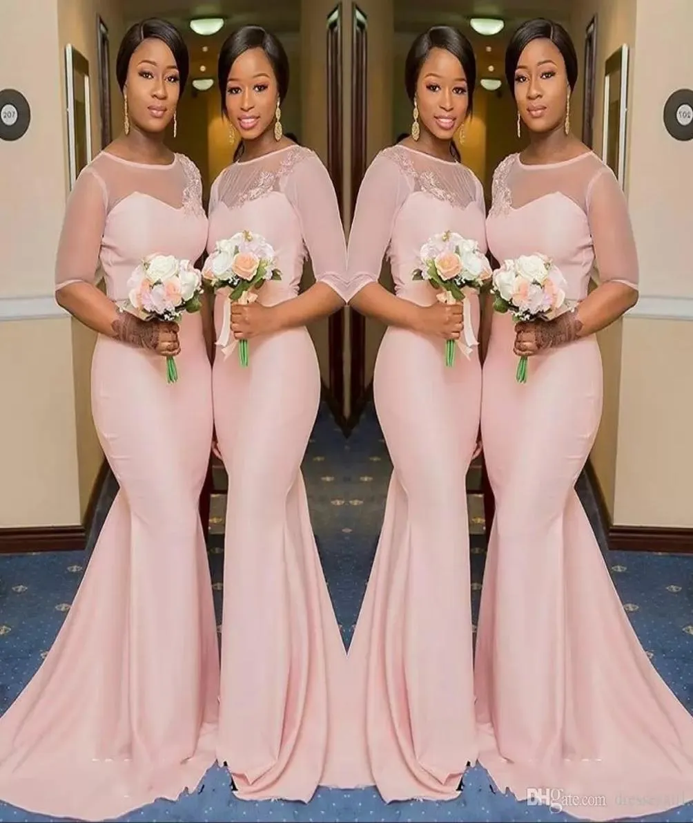 Blush Pink Sheer Jewel Neck Bridesmaid Dresses 12 Sleeve Mermaid Golvl￤ngd Black Girls Maid of Honor Gown Wedding Guest Dress8501417