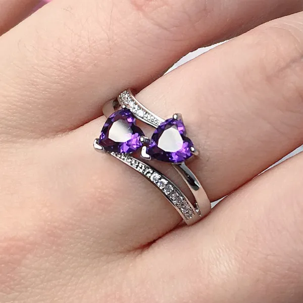 Purple Red Double Heart Zircon Ring Cluster Double Layer Diamond Engagement Wedding Rings for Woman Girls Vanlentine's Gift