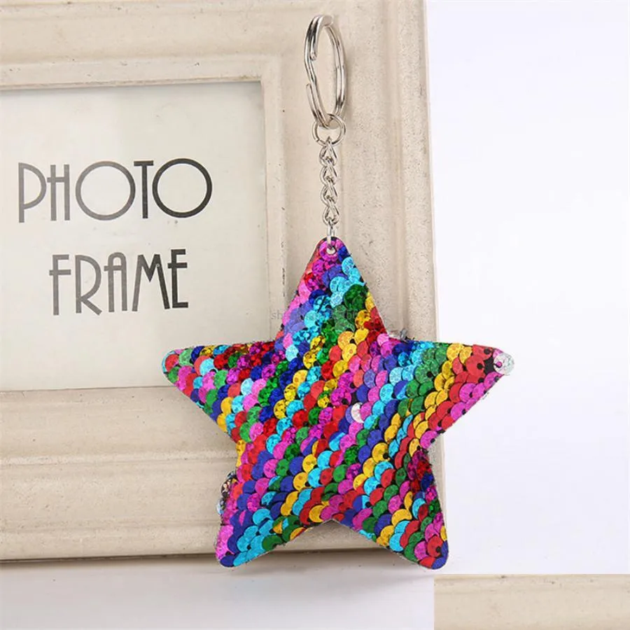 Keychains Lanyards Fish Scale Sequin Star Keychain Key Ring Holders Bag Hang Women Kids Fashion Jewelry Gift Drop Delivery Accessor Dhr9T