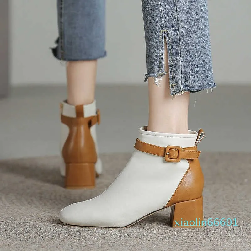 Boots thick heel side link color blocking short boots for women Korean version French square head Martin boots soft leather high thin