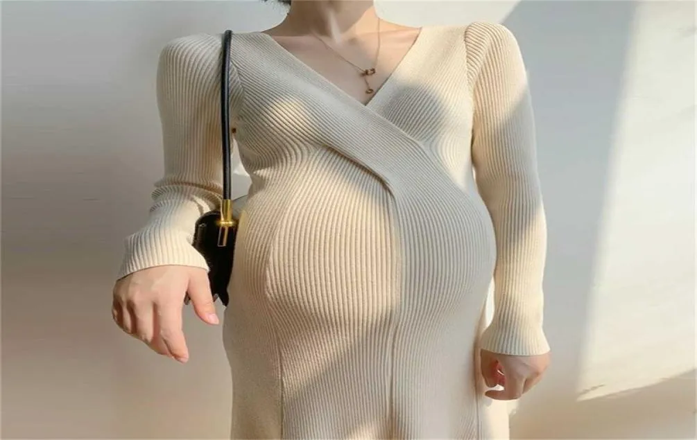 Vestido de malha de maternidade com suéter comprido suéter elástico vestidos mamãe moda de outono inverno vneck roupas casuais gt8ajcw4850405