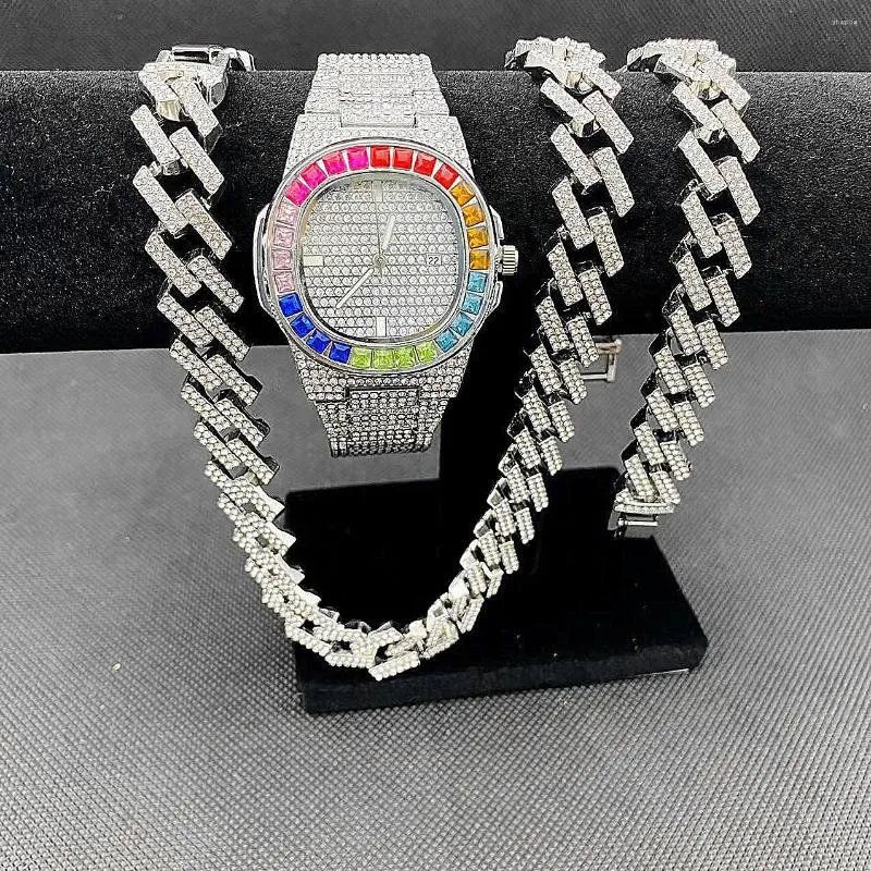 Chaînes 3 pièces hommes Hip Hop ensemble de bijoux glacé montre collier Bracelet Bling diamant Miama cubain femmes or montres Couple