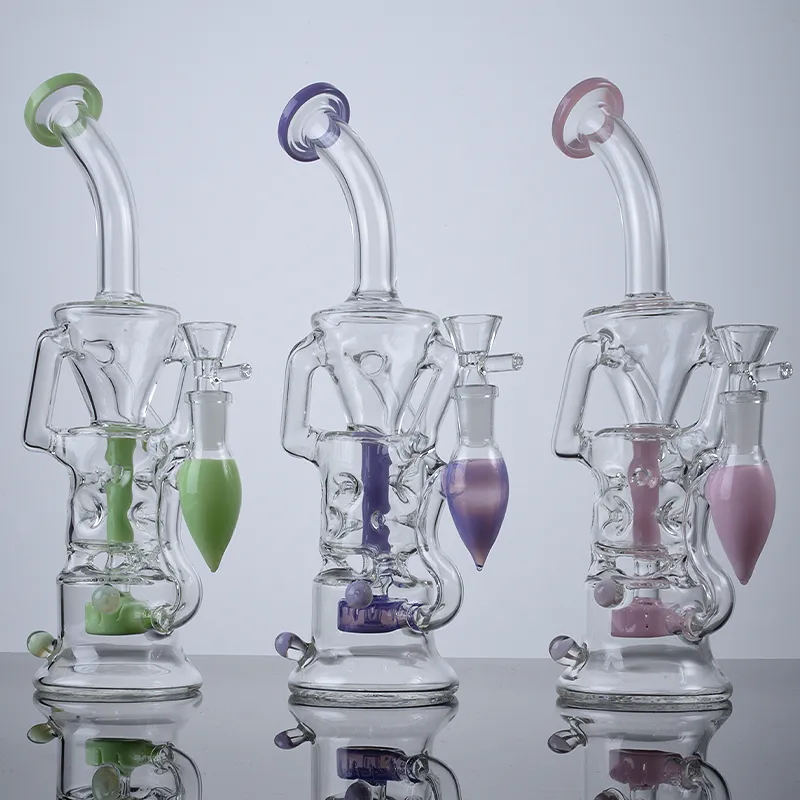 Beautiful Fab Egg Hookahs 10 Inch Small Bongs Double Recycler Smoking Pipe Turbine Perc Oil Dab Rigs Purple Pink Green Glass Water Pipes With 14mm Joint
