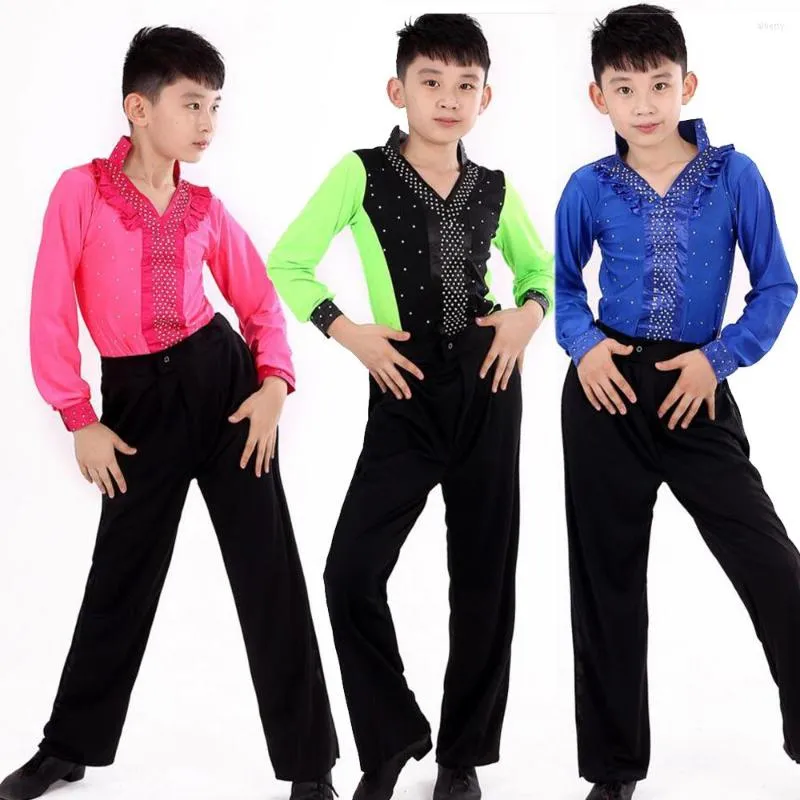 Escenario desgaste niños azul verde latina salsa trajes de baile niños salón de baile rendimiento fiesta baile tops pantalones vestido de baile latino