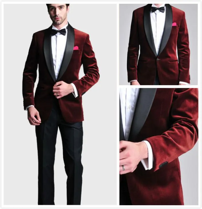 Burgundy Velvet Slim Fit Groom Tuxedos Suits Wedding Suits Custom Made Groomsmen Man PROIT SUITS Black Pants Kurtka Kwibowa Tieh4027162
