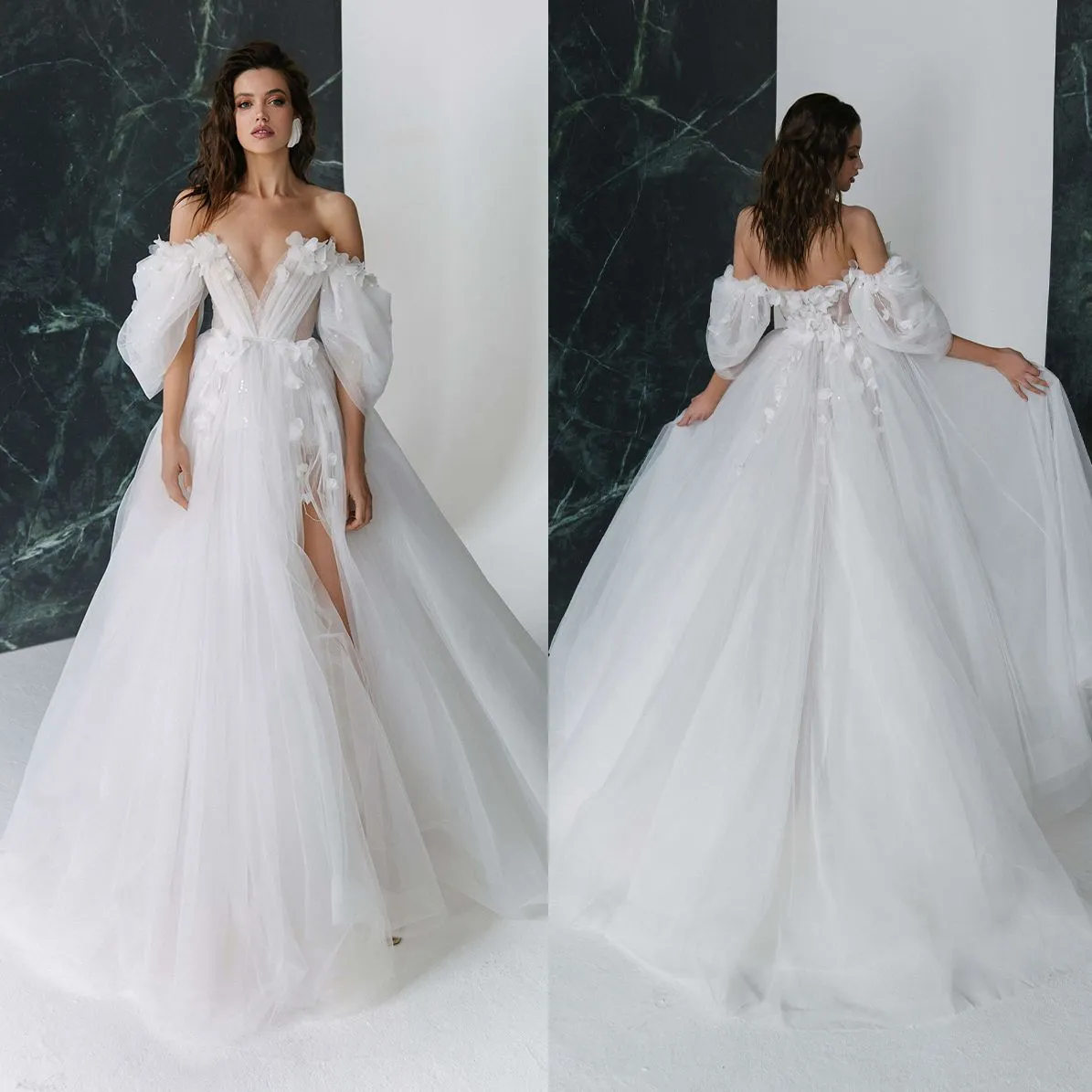 A Line Modern Wedding Dresses Off Shoulder V Neck High Split Bride Gown Sweep Train Robe De Mariee Custom Made