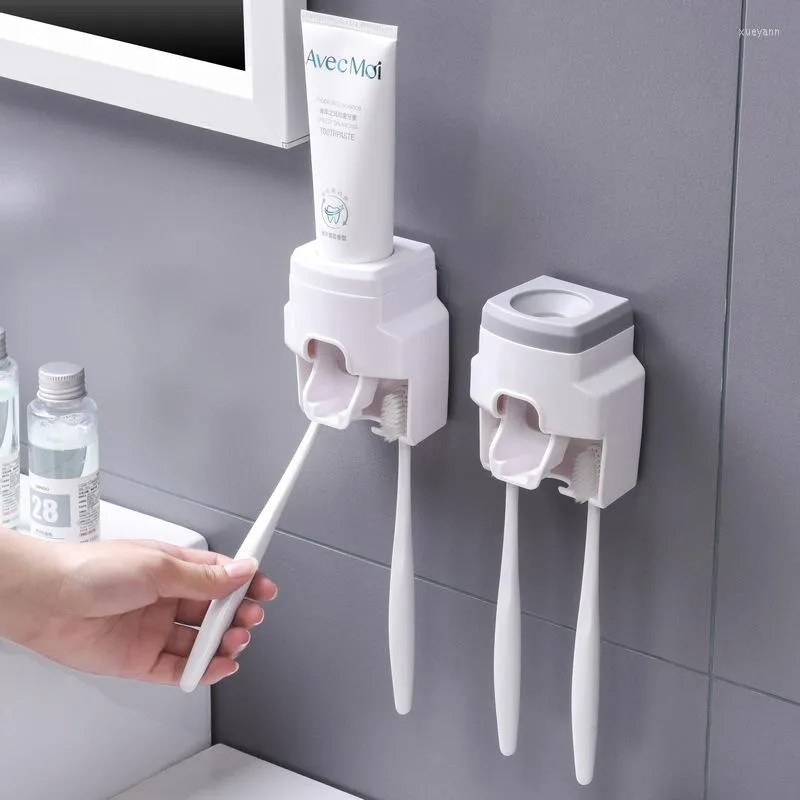 Badtillbehör set 1 st automatisk tandkräm dispenser väggmontering tandborste hållare squeezer vattentät för badrumstillbehör