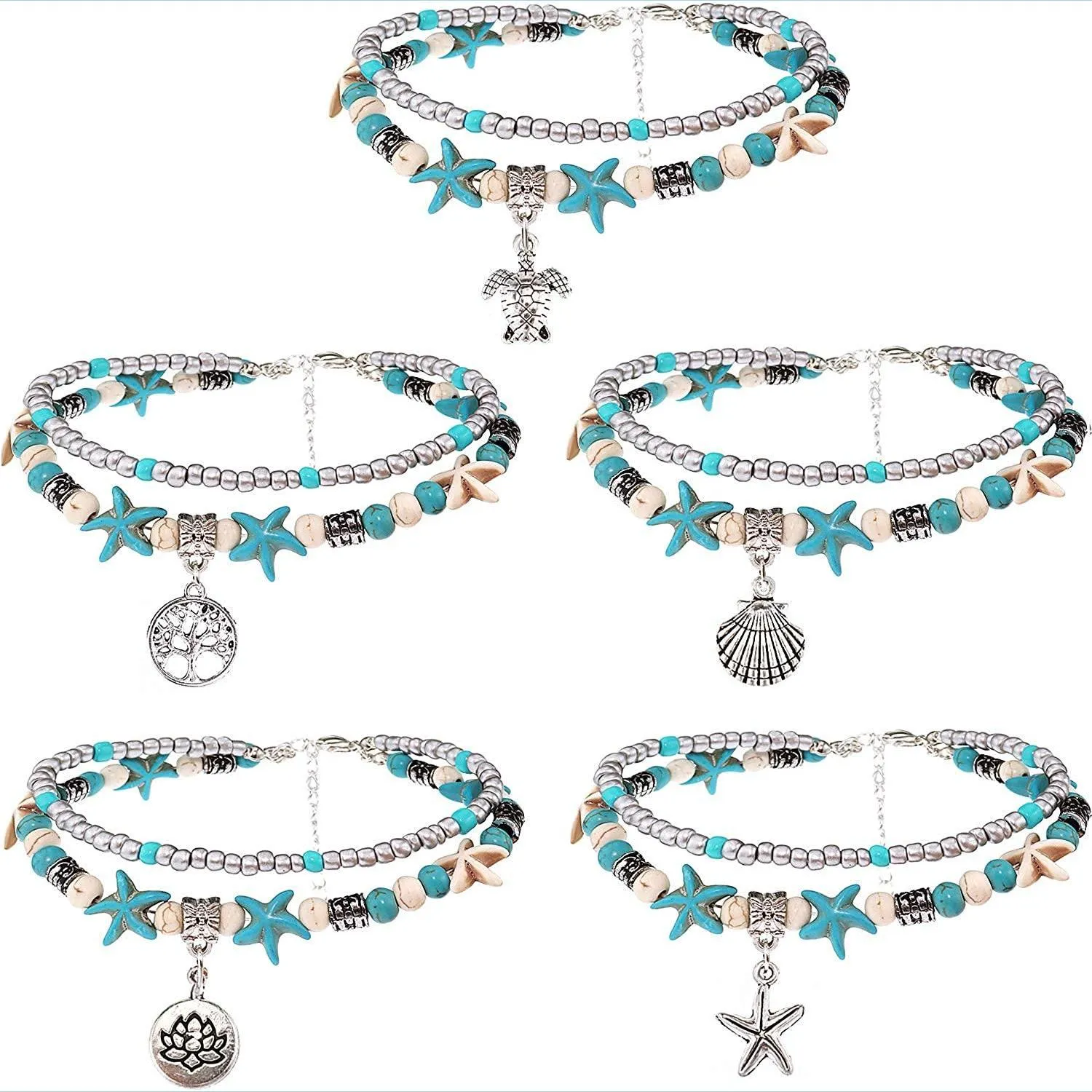 Anklets Boho Double Anklets Conch Starfish Sand Turtle Pendant Foot Chains Turquoise Stone Beads Charm Beach Bracelet Drop De Dhgarden Dhvdh