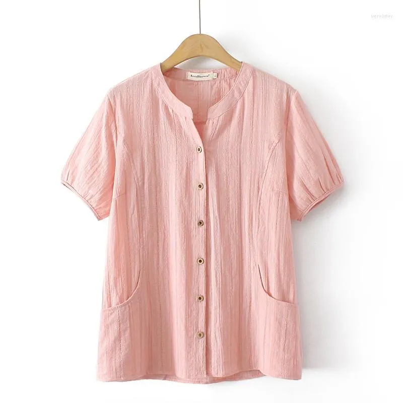 Women's Blouses Women Big Size Blouse Summer Solid O Neck Loose Baggy Tops Tunic Shirts Womens Button Short Sleeve Blusas Mujer