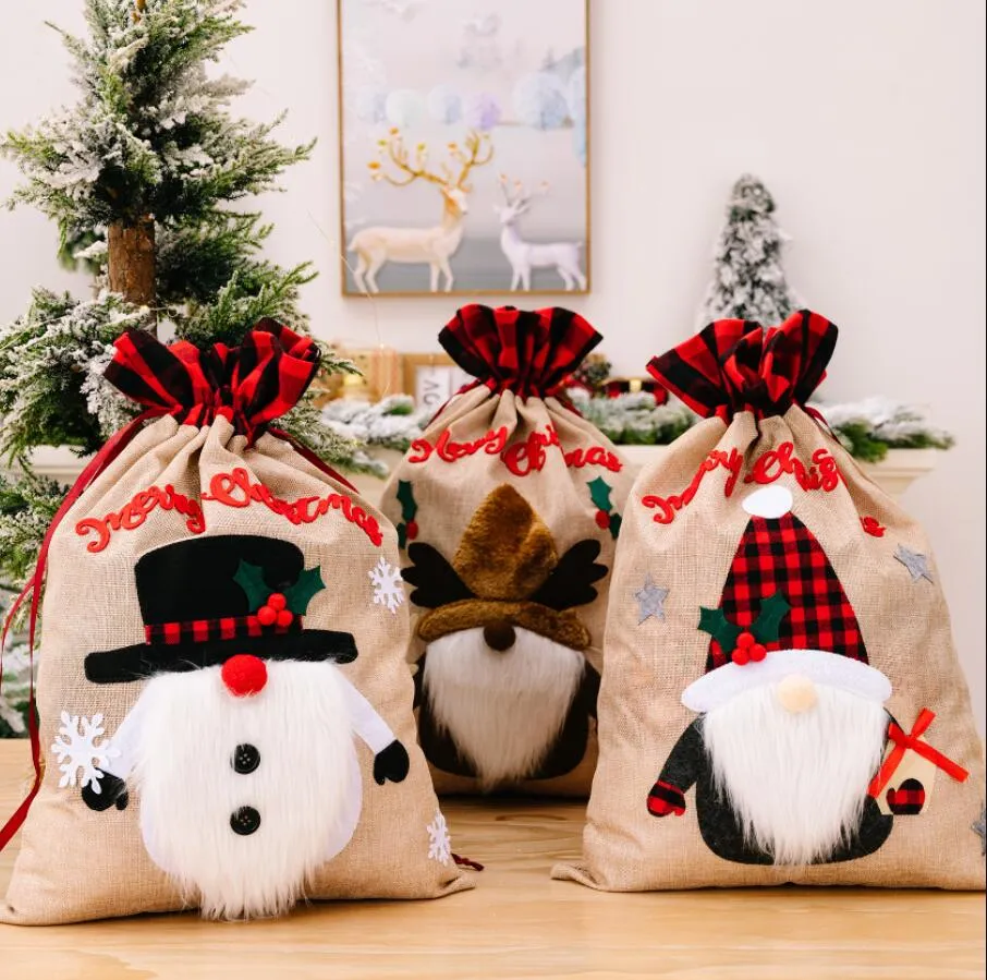 DHL Antlers Snowman Gnome Dolls broderi jul godis presentpåse säckväv linne buffel pläden jul dragkast säck FY5514 P1125