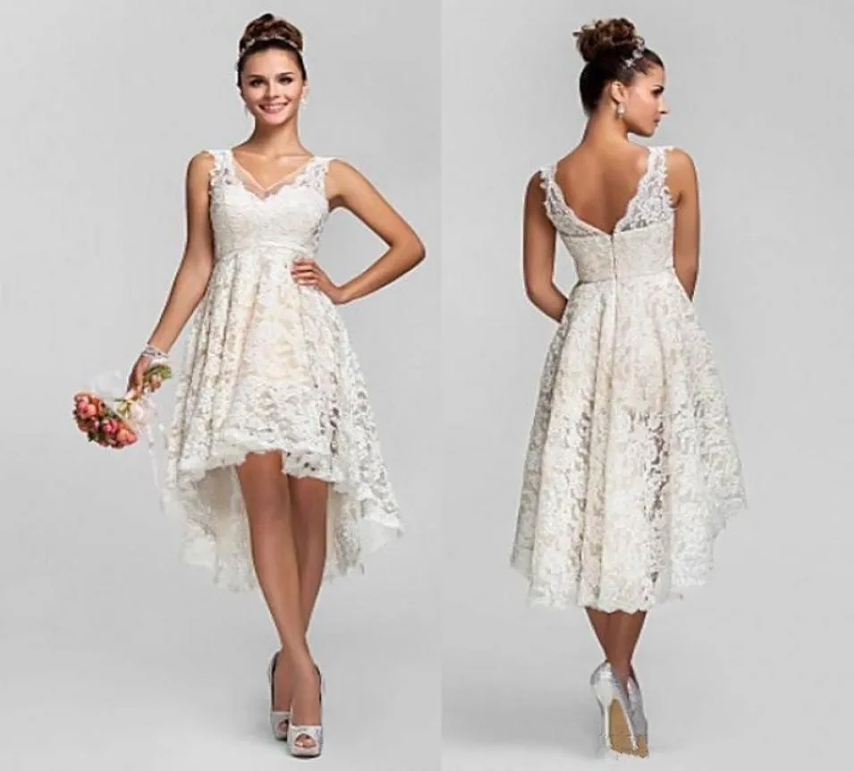 2019 Summer Short Beach Wedding Dresses V Neck A Line High Low Hem Ivory Lace Informal Bridal Gowns4160573