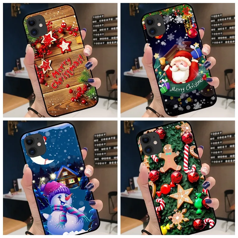 İPhone 15 14 Plus Pro Max 13 12 11 XS MAX XR X 8 7 6S Hediye Yumuşak Tpu Noel Baba Şapka Ağacı Kar Karşısı Adam Kırmızı Siyah Jel Telefon Kapağı Geri Kaplama Coque