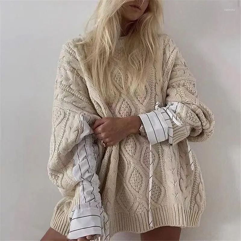 Kvinnors tröjor Ayualin Spring Autumn Shirt Sleeve Stitching Women's Sweater Solid Color O Neck Twist Mönster Weaving Boho