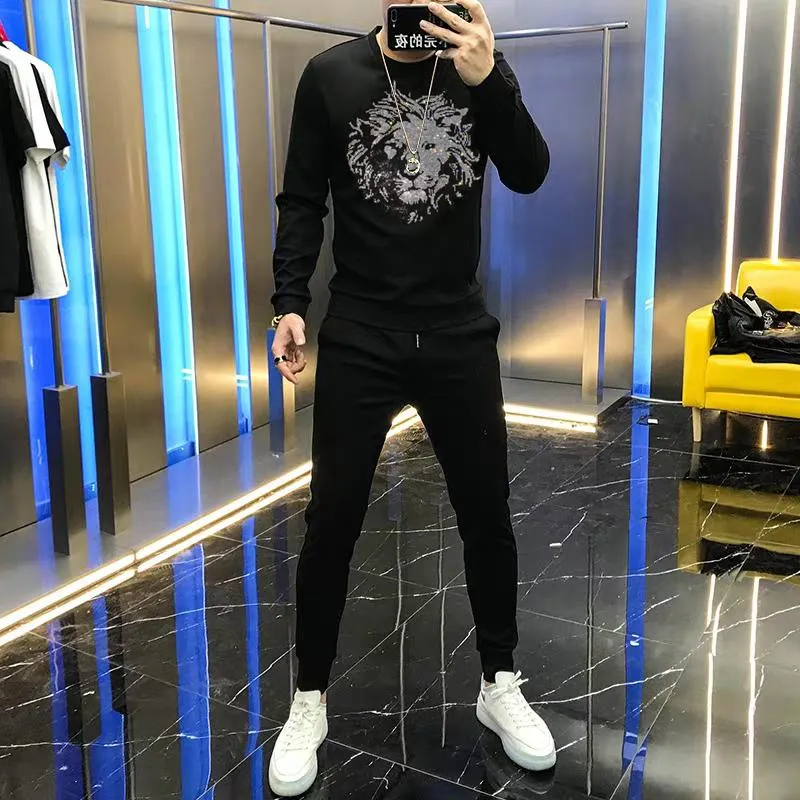 Men's Tracksuits Men's Lion Print Diamond Tracksuit Hoodie Conjunto de machos de algodão Térmica Sportshirt e calça de moletom