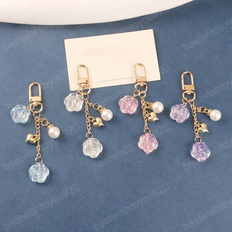 Romantic Heart Pearl Keychains For Woman Resin Flower Charm Keyring For Couple Bag Hanging Pendant Key Holder Gifts Accessories