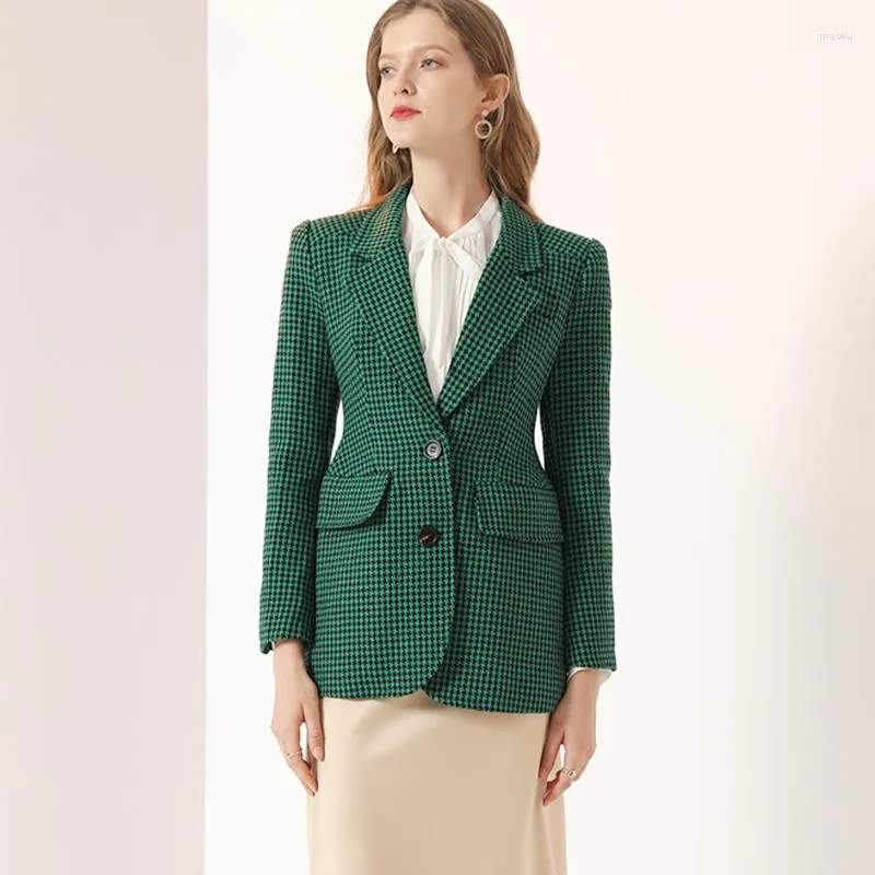 Costumes pour femmes, couleur verte, imprimé écossais, Blazer à manches longues, simple boutonnage, veste de costume Vintage, manteau de bureau formel pour dame