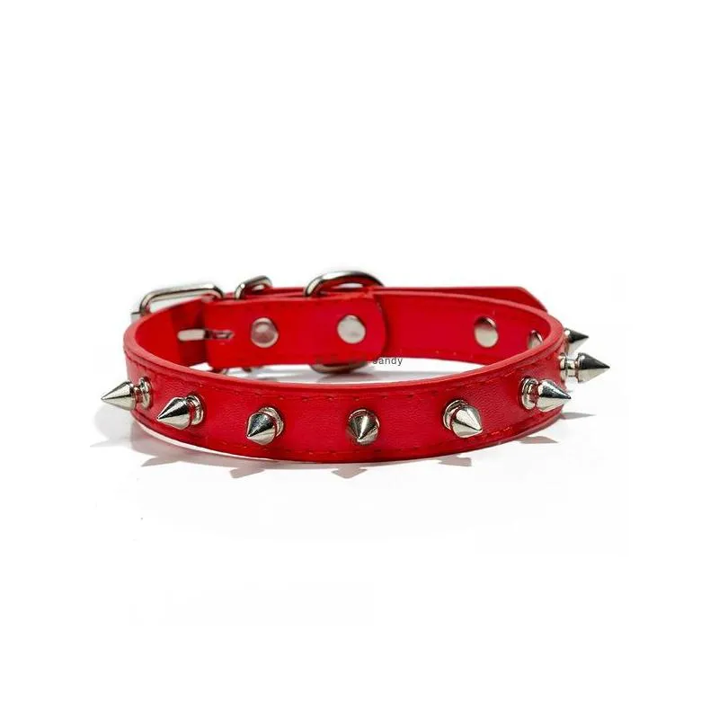Dog Collars Leashes Fashion Punk Metal Rivet Dog Collar Candy Colors Pu Leather Leash Collars Pet Puppy Supplies Red Blue Black Dr Dhmqg