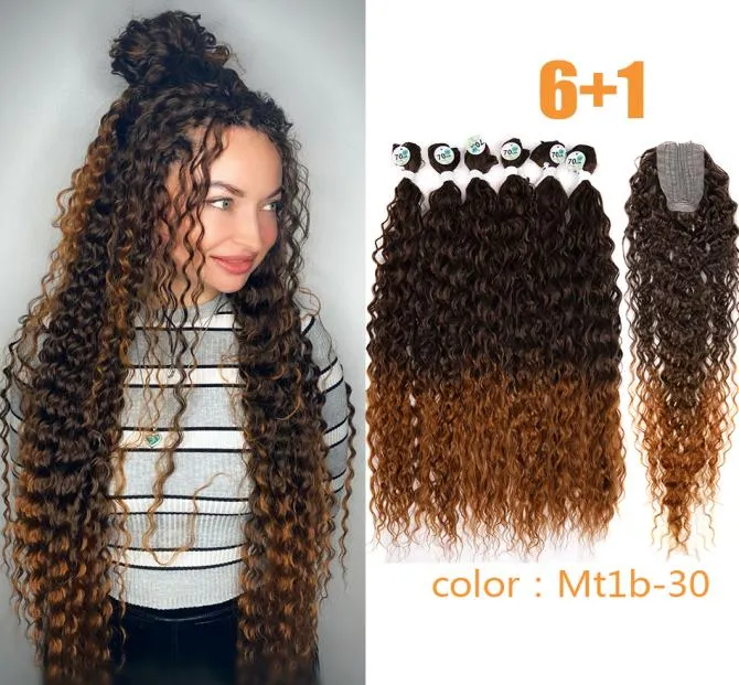 Hårbitar Vattenvågbuntar med stängning Curly Extensions African Curls 24quot4 1 32quot6 1 A Topper Synthetic for Women 22