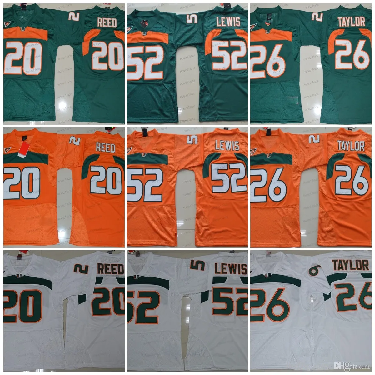 NCAA 52 Ray Lewis Jersey 26 Sean Taylor 20 Ed Reed White Green Mens College Football Jerseys Mesh