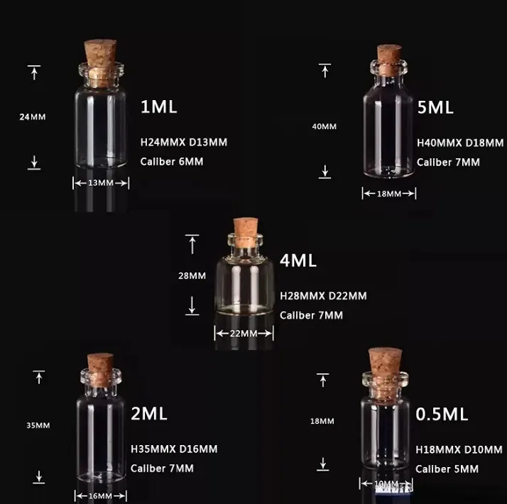 Mini viales Botellas de vidrio transparente Frascos con tapón de corcho Botella de vidrio con corcho pequeña Decoración de bricolaje Botella pequeña vacía para proyectos de manualidades con arena Favores de fiesta 1 2 4 5ML