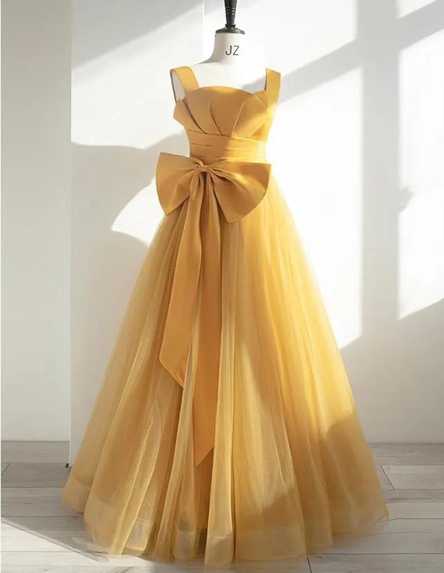 Brautjungfernkleider im goldenen Schultergurt-Stil, langes Trauzeuginkleid aus Satin und Tüll mit abnehmbarer Schleife