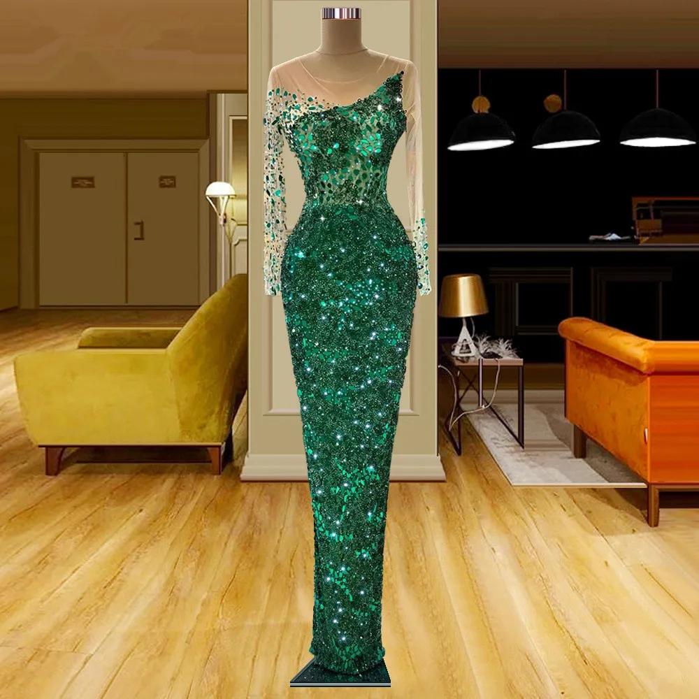 Illusie Lange Mouw Evening Jurken Emerald Green Gillter Shiny Crystals Mirrors Mermaid Aso Ebi Prom Dress Robe de Soiree