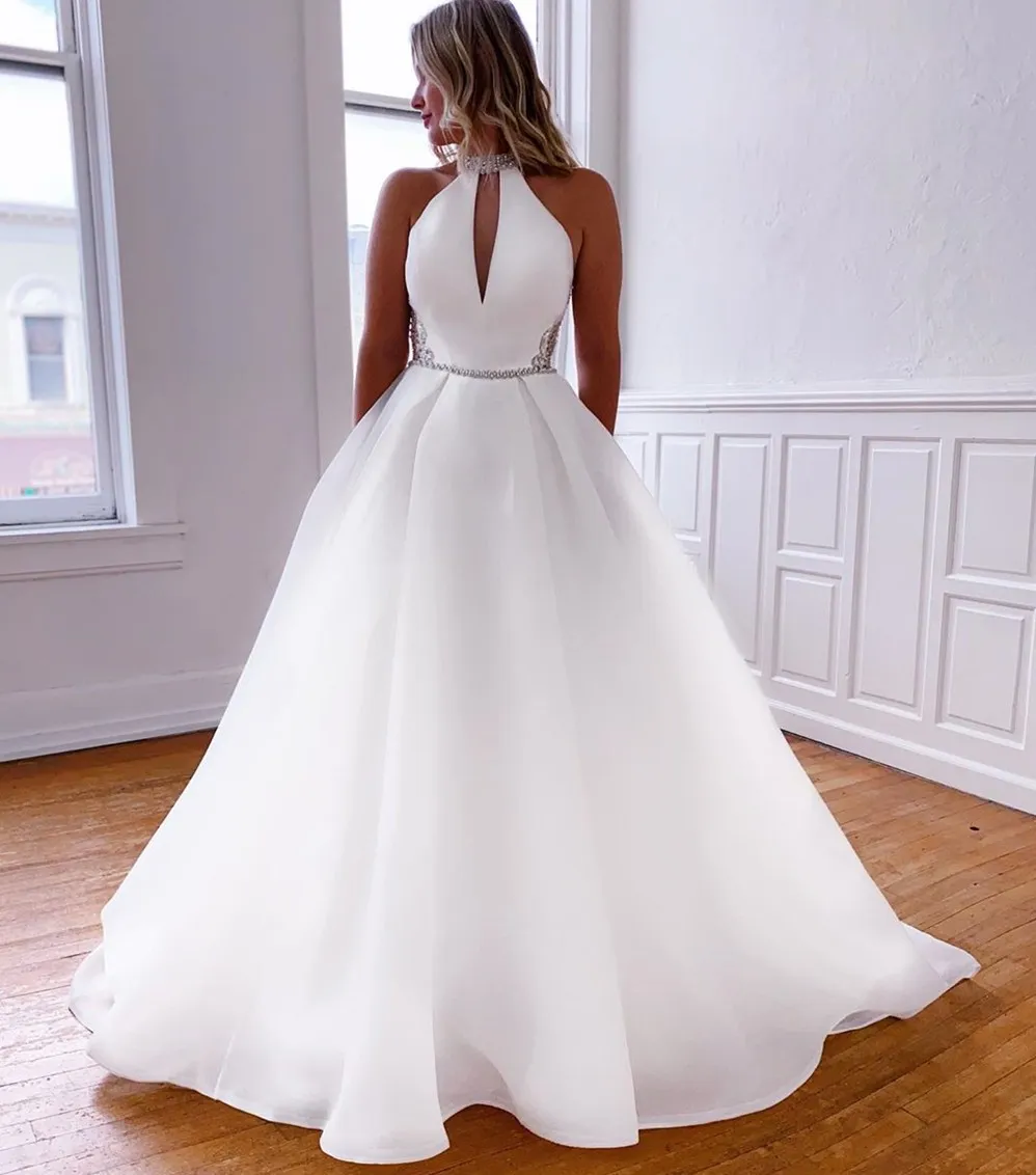 Simple Heyhole A-Line Halter Wedding Dress with High Neck, Crystals, and White Organza