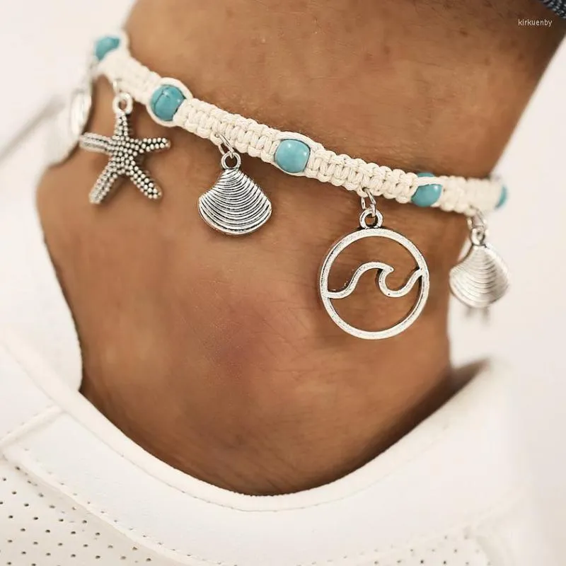 Ankiety Summer Bohemian Starfish Blue Stone Zestaw dla kobiet zabytkowy ręcznie robiony fala Bransoletka na nogę plażowa biżuteria boho