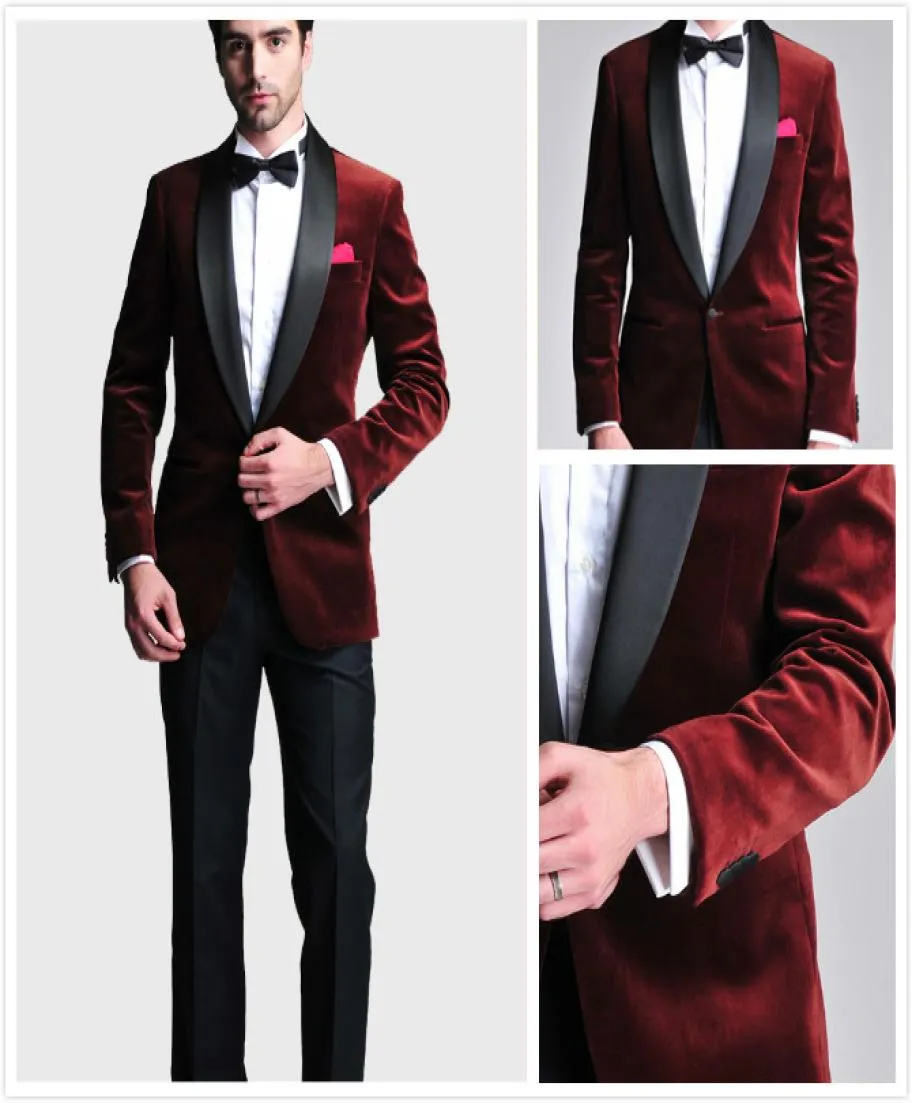 Burgundy Velvet Slim Fit Groom Tuxedos Suits Wedding Suits Custom Made Groomsmen Man PROIT SUITS Black Pants Kurtka Kwibowa Tieh2186829