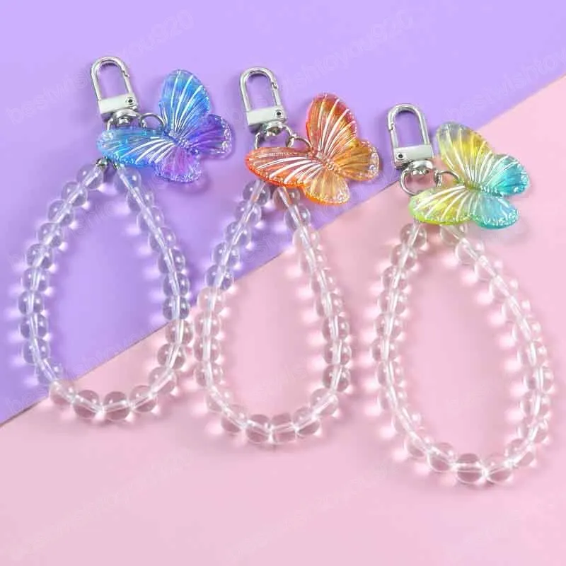 Crystal Butterfly Keychain Transparent Bead Lanyards Keyring For Bling Hand Wrist Strap Rope Cord Holder Mobile Phone Lanyard