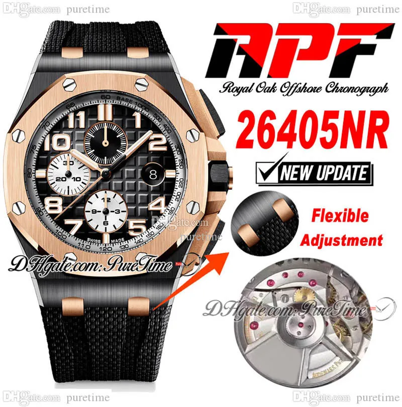 APF 2640 A3126 Automatische chronograaf Herenhorloge Keramische kast Tweekleurige roségouden rand Zwarte getextureerde wijzerplaat Rubber Super Edition Puretime band Exclusieve technologie 5