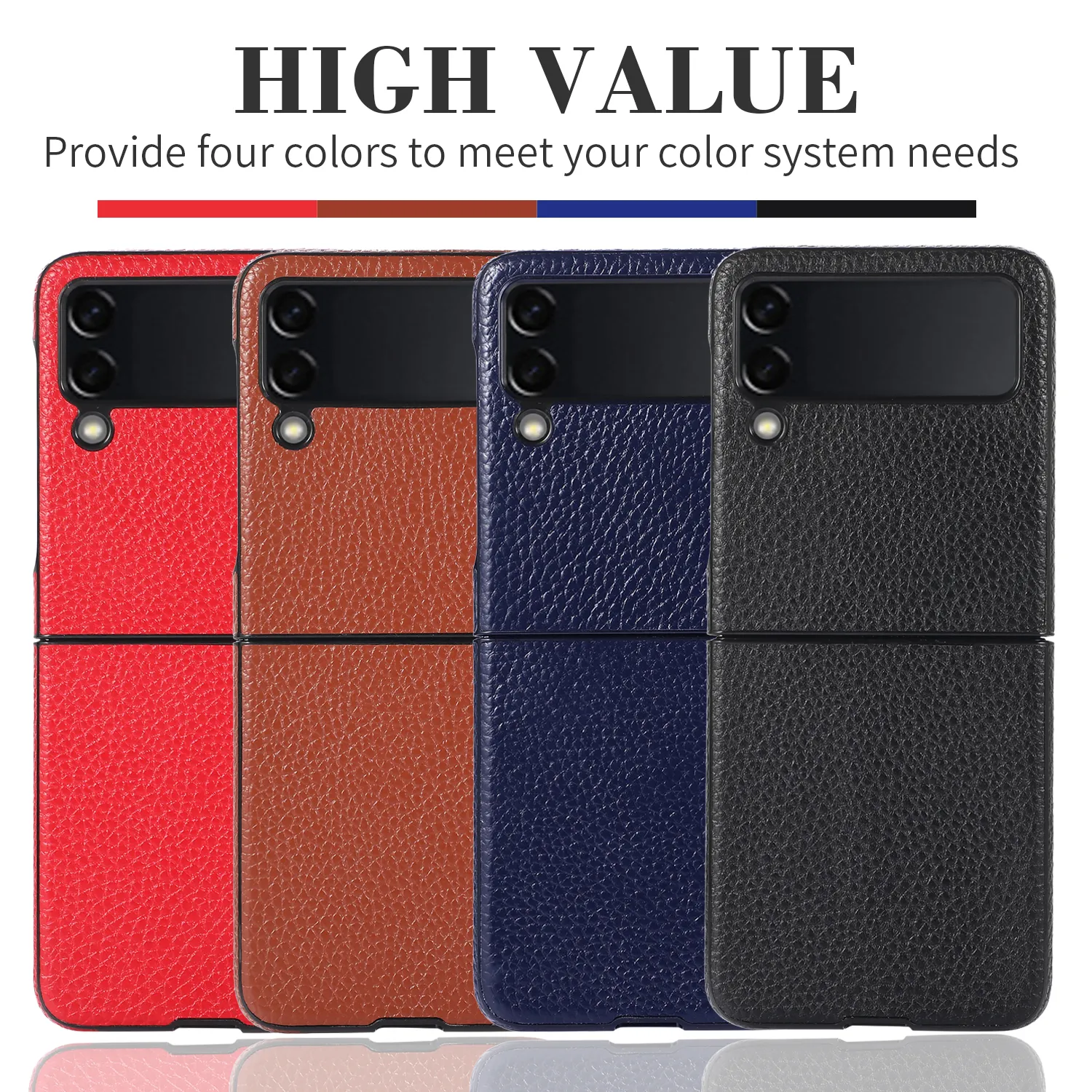 الحالات الهاتفية المقاومة للصدمات لـ Samsung Galaxy Z Flip 4/3 Pure Litchi Litchi Grain Leather Case