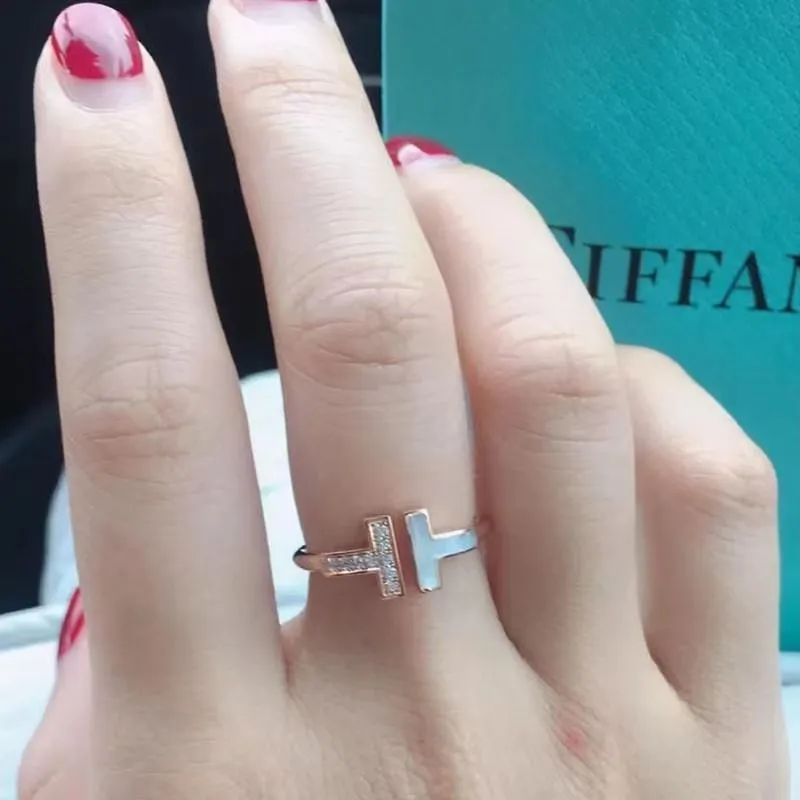 Luxury fashion designer ring Tiffny letter double T diamond ring