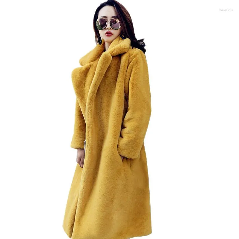 Frauen Pelz frauen Femme Winter Hohe Qualität Nachahmung Nerz Kaschmir Mantel Lose Revers Dicke Warme Weibliche Lange Gelb m076