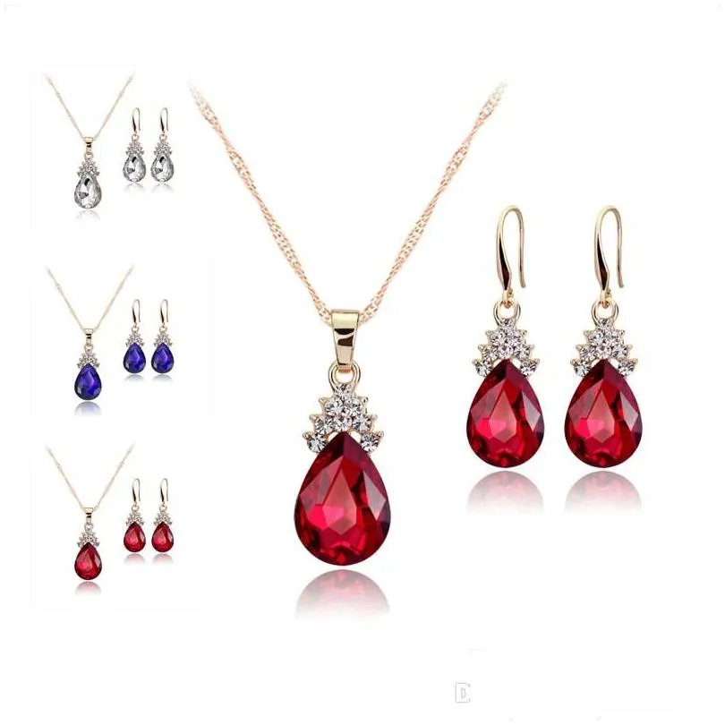 Earrings Necklace Crystal Diamond Water Drop Necklace Earrings Jewelry Sets Gold Chain Necklaces For Women Fashion Wedding Gift Del Dhhla