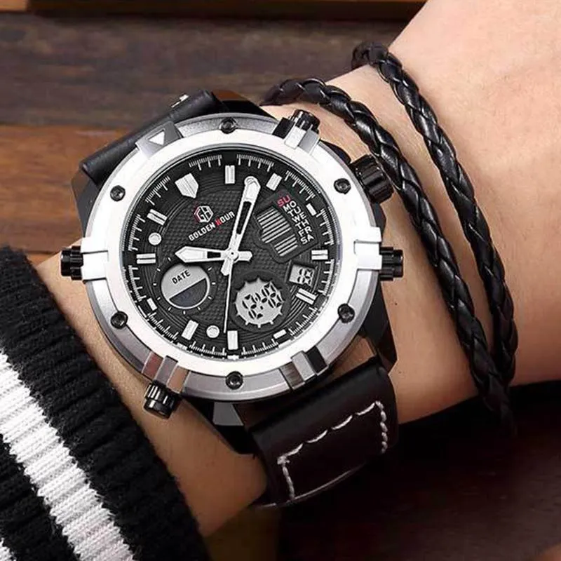 Zegarek geneva moda mężczyźni wodoodporne sportowe sporty wojskowe zegarki męskie kwarc analogowy skórzany zegarek