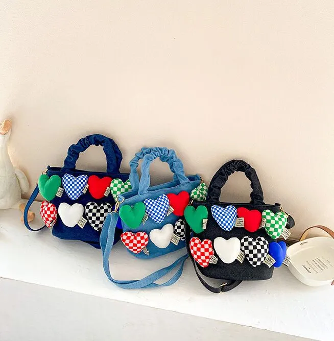 Borsa per bambini autunno/inverno amore borsa per ragazza borsa a tracolla in tela denim con personalità a forma di cuore per genitori e figli