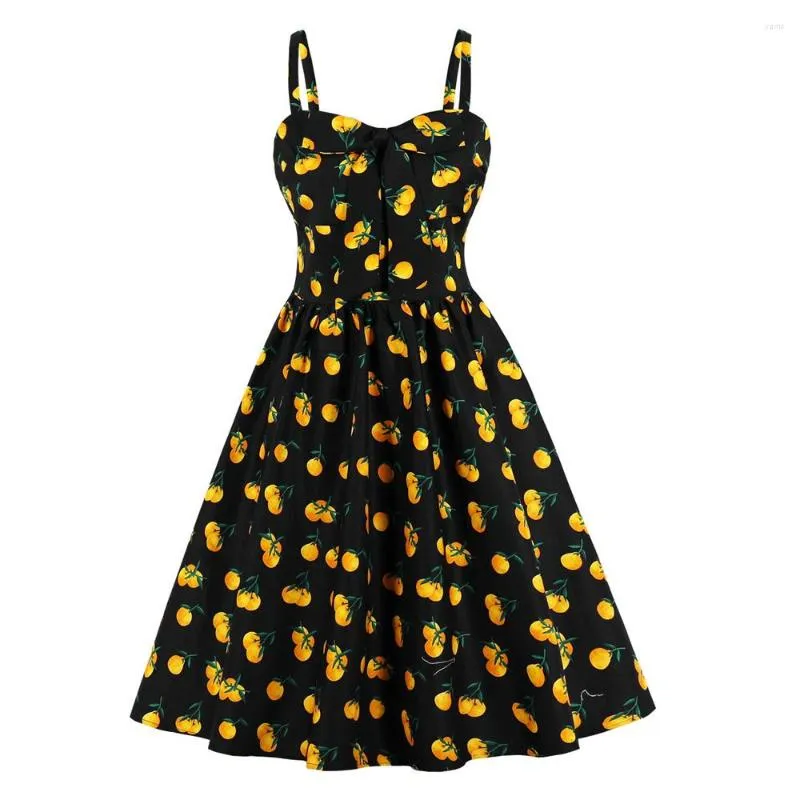 Vestidos casuais 50s 60s por linha Retro Mulheres Vestido VD1491 Cotton Sexy Spaghetti Strap Black Fruit Animal Print Party Vintage