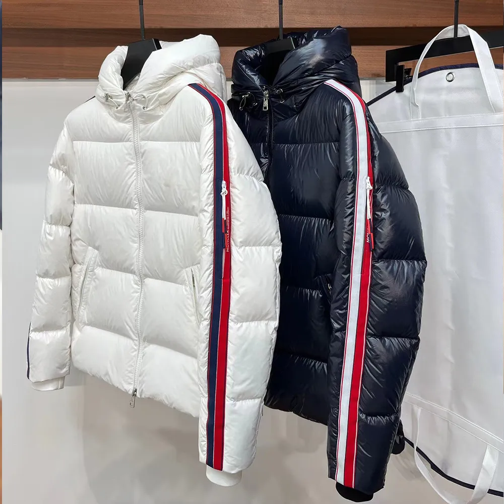 Erkekler Down Ceket Stilist Parka Parka Klasik Stripe Puffer Ceket Kapşonlu Kalın Down Malls Womens Tüy Rüzgar Dış Giyim Çıkarılabilir Şapka Boyutu S-2XL NFC