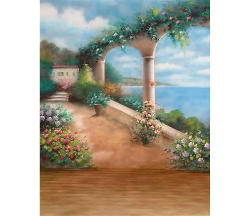 Oil Painting Flowers Wedding Arch Pography Backdrop Vinyl Fabric Blue Sky Clouds Beach Themed Seaside Scenic Po Studio Backg3501092